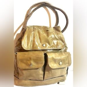 Brunello Cucinelli convertible taupe patent & suede backpack